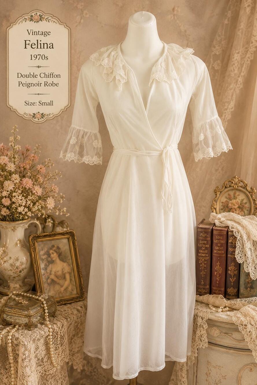 Vintage Felina 70s Ruffled Collar Double Chiffon Peignoir Robe S